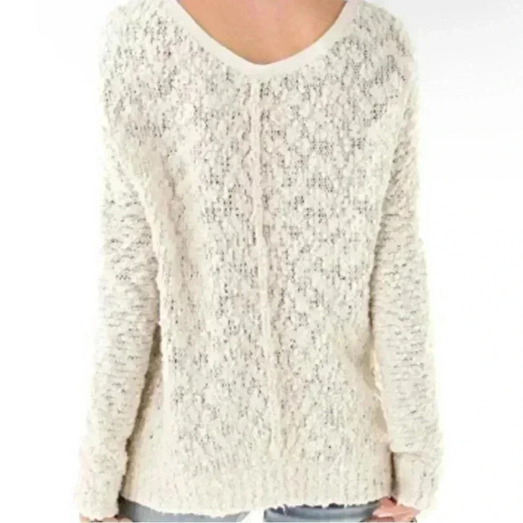 Free People Cream Open Knit Popcorn Texture V Neck Chunky Oversized Sweater XS - Picture 2 of 8